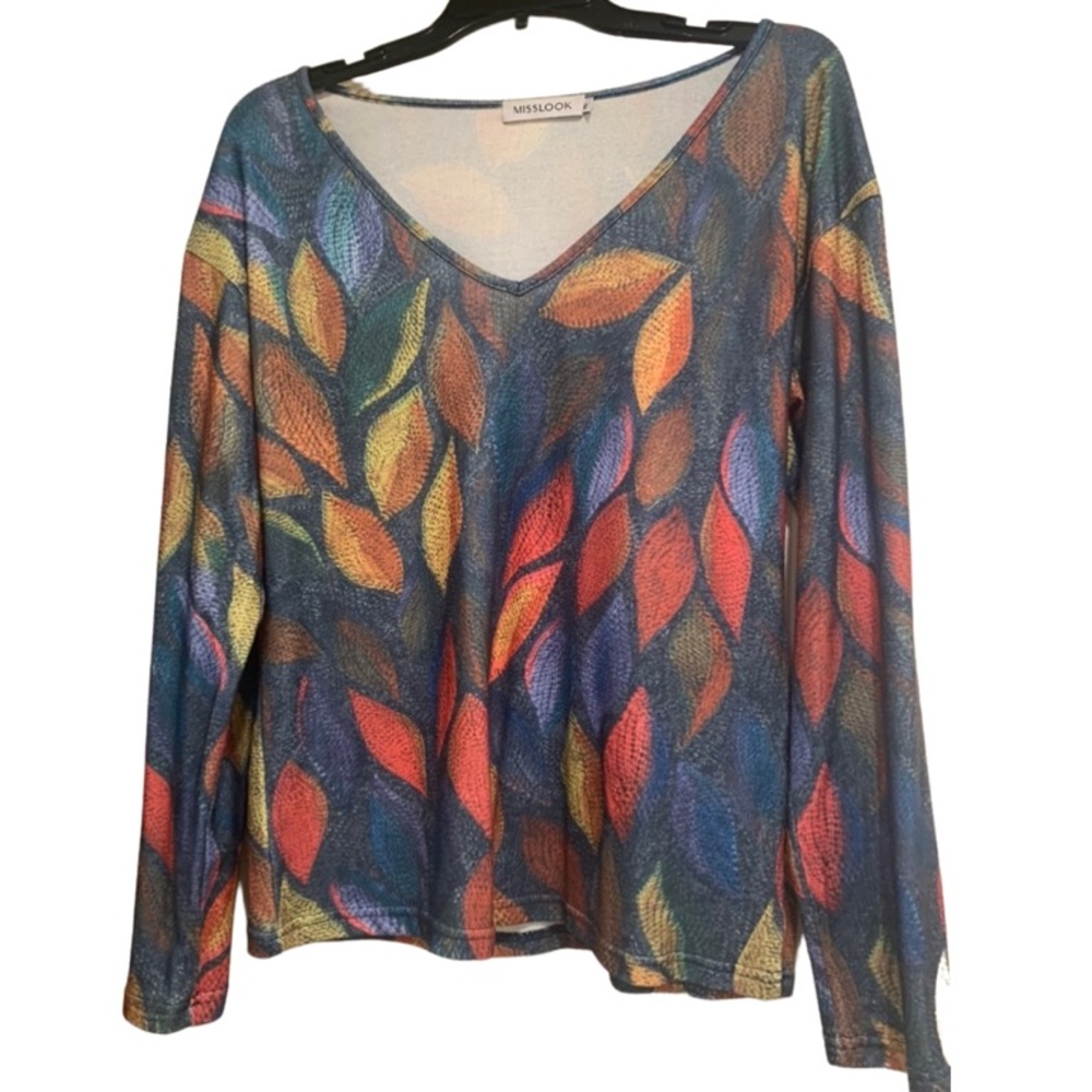 Misslook Colorful Leaf, Long Sleeve, V-Neck Top. Medium NWOT - Picture 3 of 7